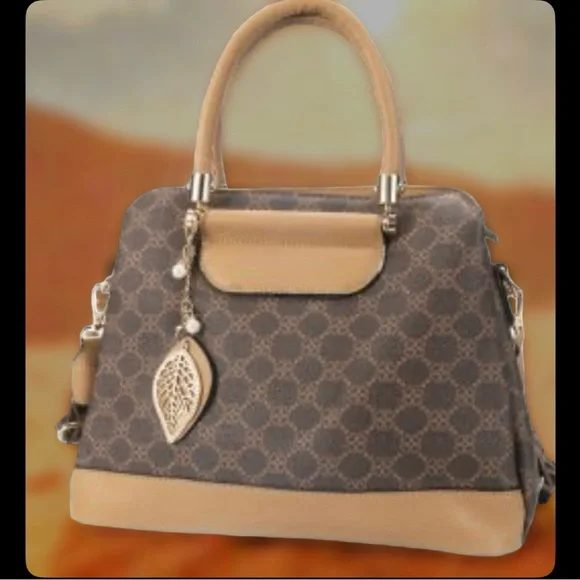 Chic Brown Patterned Satchel with Tan Accents - Picture 3 of 4